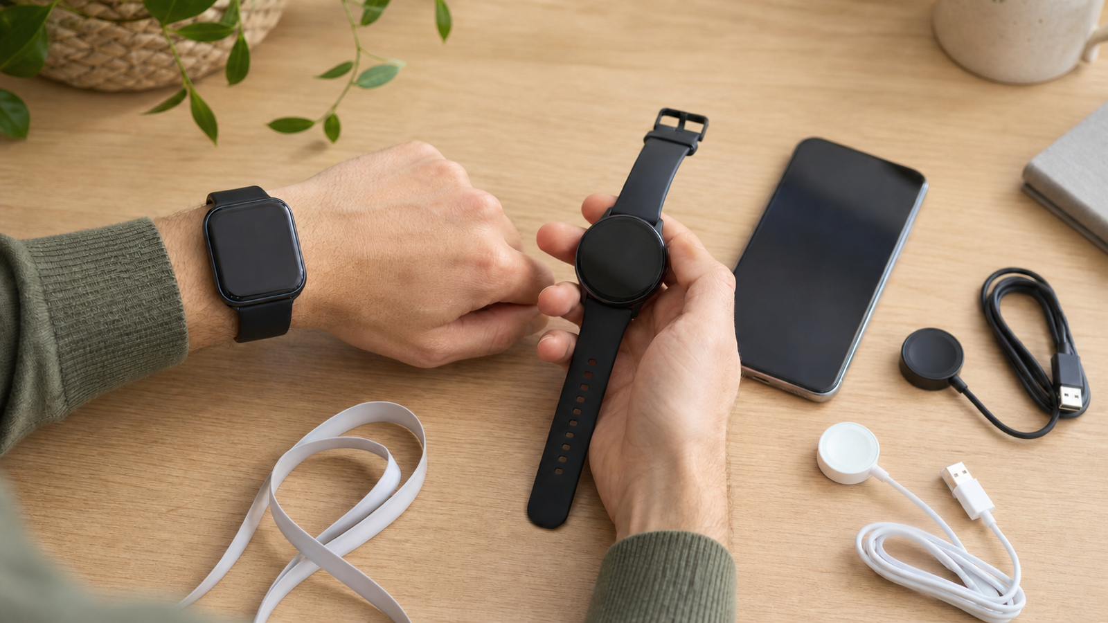 Two unbranded smartwatches beside a smartphone, charging accessories and an unmarked fitting ribbon during a budget buying comparison.